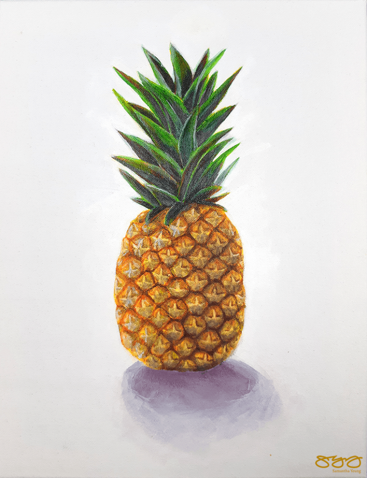 An acrylic painting of a pineapple against a white background.